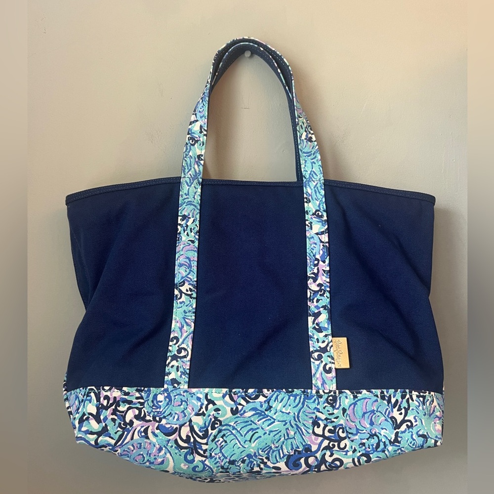 Lilly Pulitzer Navy Blue Tote with Aqua Floral Trim